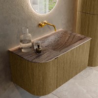 KURVE-DLUX 85cm mueble de baño curva Izquierda color Dusk con 1 cajón y 1 puerta. Lavabo CLOUD Derecho sin orificio Oza.