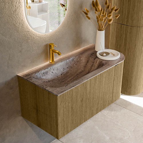 KURVE-DLUX 95cm mueble de baño curva Derecha color Dusk con 1 cajón y 1 puerta. Lavabo BIG SMALL Izquierda 1 orificio Oza.
