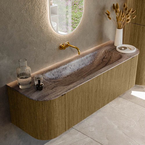 KURVE-DLUX 150cm mueble de baño curva Izquierda + Derecha color Dusk con 1 cajón y 2 puertas. Lavabo BIG MEDIUM Centro sin orificio Oza.