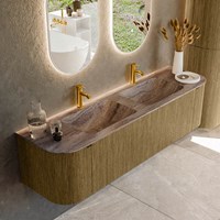 KURVE-DLUX 170cm bathroom vanity set curve Left + Right color Dusk with 1 drawer and 2 doors. Vanity top LEAF Double 2 tab holes, color Oza.