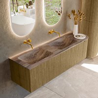 KURVE-DLUX 155cm meubles de salle de bains courbe Droite couleur Dusk avec 2 tiroirs et 1 porte. Lavabo LEAF Double / Gauche sans trou pour robinet, couleur Oza.