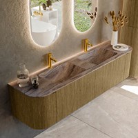 KURVE-DLUX 180cm meubles de salle de bains courbe Gauche + Droite couleur Dusk avec 2 tiroirs et 2 portes. Lavabo LEAF Double 2 trous robinetterie, couleur Oza.