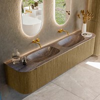 KURVE-DLUX 200cm meubles de salle de bains courbe Gauche + Droite couleur Dusk avec 2 tiroirs et 2 portes. Lavabo STOR SMALL Double sans trou pour robinet, couleur Oza.