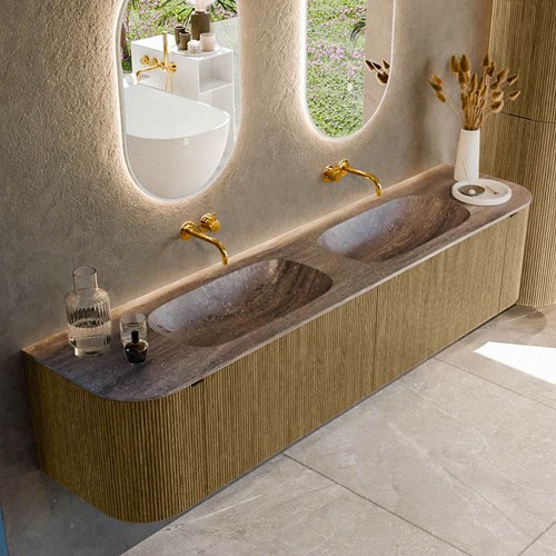 KURVE-DLUX 200cm meubles de salle de bains courbe Gauche + Droite couleur Dusk avec 2 tiroirs et 2 portes. Lavabo STOR SMALL Double sans trou pour robinet, couleur Oza.