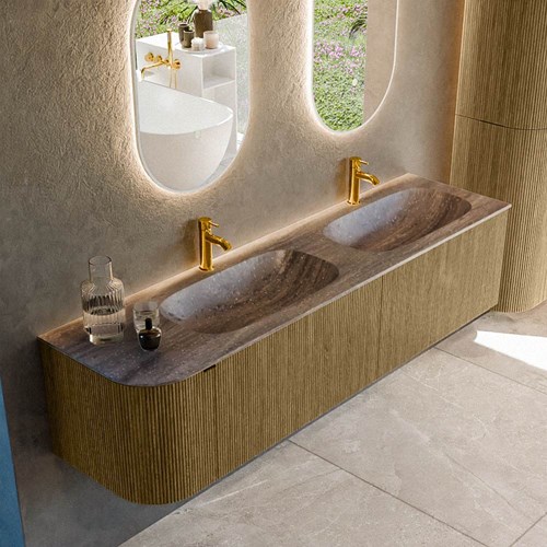 KURVE-DLUX 175cm meubles de salle de bains courbe Gauche couleur Dusk avec 2 tiroirs et 1 porte. Lavabo STOR SMALL Double / Droite 2 trous robinetterie, couleur Oza.