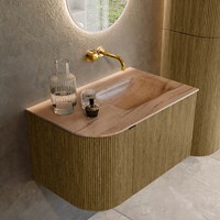 KURVE-DLUX 75cm badmeubel ronding Links kleur Dusk met 1 lade en 1 deur. Wastafel GRUNNE Rechts zonder kraangat Saba.