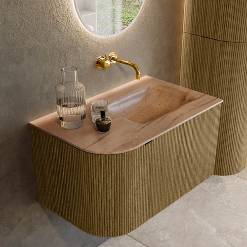 KURVE-DLUX 75cm badmeubel ronding Links kleur Dusk met 1 lade en 1 deur. Wastafel GRUNNE Rechts zonder kraangat Saba.