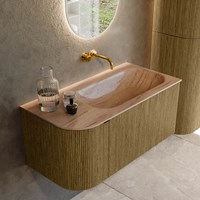 KURVE-DLUX 95cm bathroom vanity set curve Left color Dusk with 1 drawer and 1 door. Vanity top BIG SMALL Right without tab hole, color Saba.