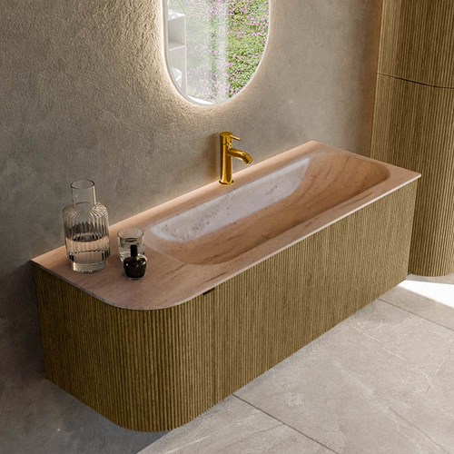 KURVE-DLUX 125cm bathroom vanity set curve Left color Dusk with 1 drawer and 1 door. Vanity top BIG MEDIUM Right 1 tab hole, color Saba.