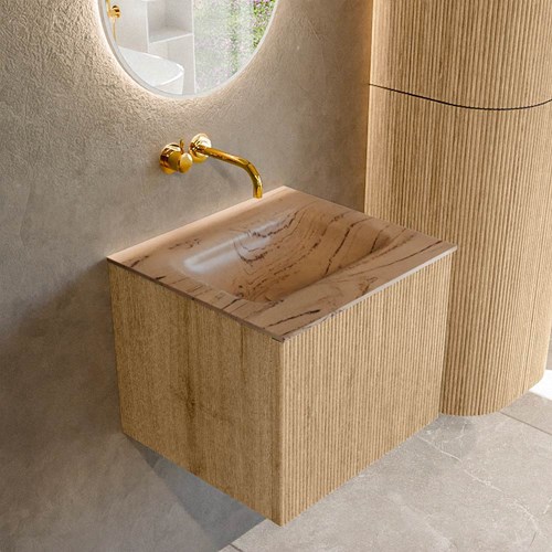 KURVE-DLUX 50cm meubles de salle de bains couleur Oak avec 1 tiroir et 0 portes. Lavabo GRUNNE Centrée sans trou pour robinet, couleur Arena.