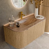 KURVE-DLUX 100cm badmeubel ronding Links + Rechts kleur Oak met 1 lade en 2 deuren. Wastafel GRUNNE Midden 1 kraangat Arena.