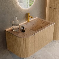 KURVE-DLUX 85cm badmöbel kurve Links farbe Oak mit 1 schublade und 1 tür. Einbauwaschbecken CLOUD Rechts 1 hahnloch Arena.