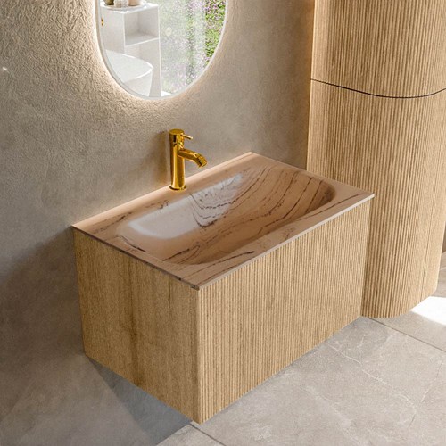 KURVE-DLUX 70cm badmeubel kleur Oak met 1 lade en 0 deuren. Wastafel BIG SMALL Midden 1 kraangat Arena.
