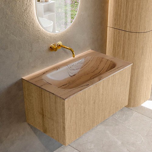 KURVE-DLUX 80cm bathroom vanity set color Oak with 1 drawer and 0 doors. Vanity top BIG SMALL Center without tab hole, color Arena.