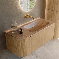 KURVE-DLUX 105cm meubles de salle de bains courbe Gauche couleur Oak avec 1 tiroir et 1 porte. Lavabo BIG SMALL Droite sans trou pour robinet, couleur Arena.