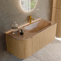 KURVE-DLUX 105cm badmeubel ronding Links kleur Oak met 1 lade en 1 deur. Wastafel BIG SMALL Rechts 1 kraangat Arena.