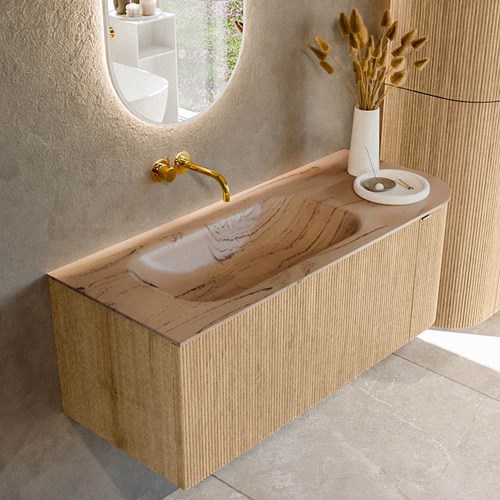 KURVE-DLUX 115cm mobili da bagno curva Destra colore Oak con 1 cassetto e 1 porta. Lavabo BIG SMALL Sinistra senza foro per il rubinetto, colore Arena.