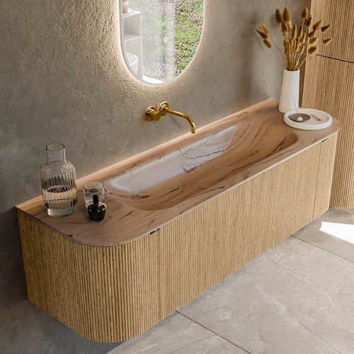KURVE-DLUX 150cm mueble de baño curva Izquierda + Derecha color Oak con 1 cajón y 2 puertas. Lavabo BIG MEDIUM Centro sin orificio Arena.