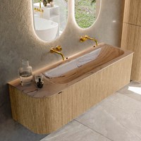 KURVE-DLUX 145cm mobili da bagno curva Sinistra colore Oak con 1 cassetto e 1 porta. Lavabo BIG LARGE Destra senza foro per il rubinetto, colore Arena.