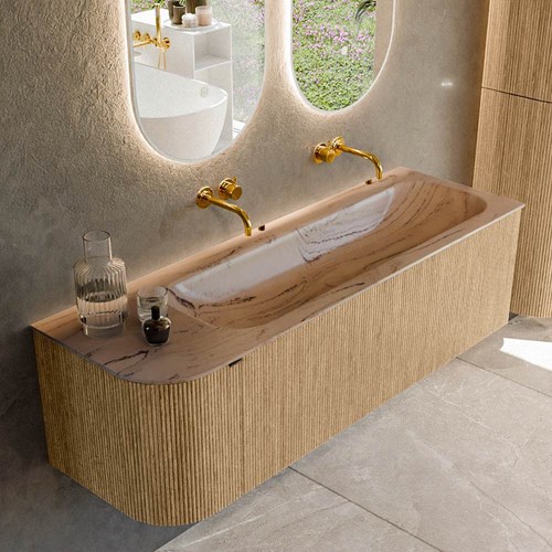 KURVE-DLUX 145cm mobili da bagno curva Sinistra colore Oak con 1 cassetto e 1 porta. Lavabo BIG LARGE Destra senza foro per il rubinetto, colore Arena.