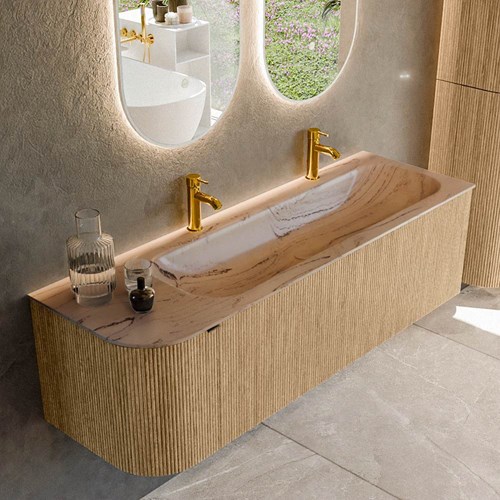 KURVE-DLUX 145cm bathroom vanity set curve Left color Oak with 1 drawer and 1 door. Vanity top BIG LARGE Right 2 tab holes, color Arena.
