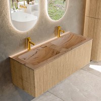 KURVE-DLUX 120cm mobili da bagno colore Oak con 1 cassetto e 0 porte. Lavabo LEAF Doppio 2 fori del rubinetto, colore Arena.
