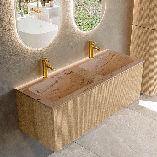 KURVE-DLUX 120cm mobili da bagno colore Oak con 1 cassetto e 0 porte. Lavabo LEAF Doppio 2 fori del rubinetto, colore Arena.