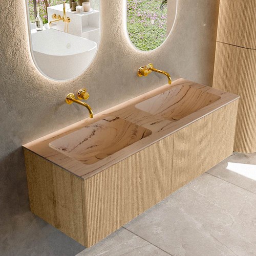 KURVE-DLUX 130cm badmeubel kleur Oak met 2 lades en 0 deuren. Wastafel LEAF Dubbel zonder kraangat Arena.