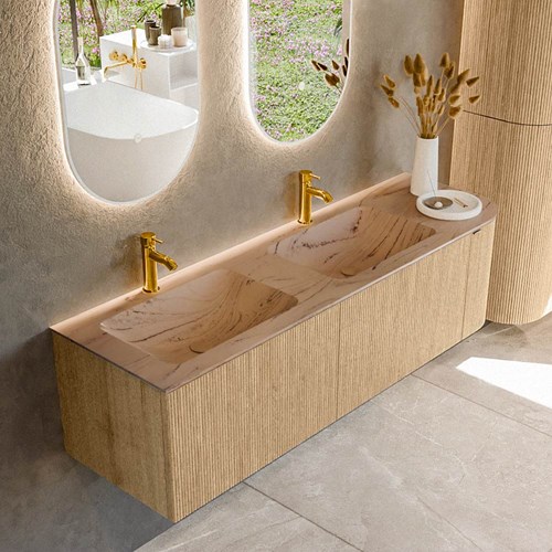 KURVE-DLUX 155cm meubles de salle de bains courbe Droite couleur Oak avec 2 tiroirs et 1 porte. Lavabo LEAF Double / Gauche 2 trous robinetterie, couleur Arena.