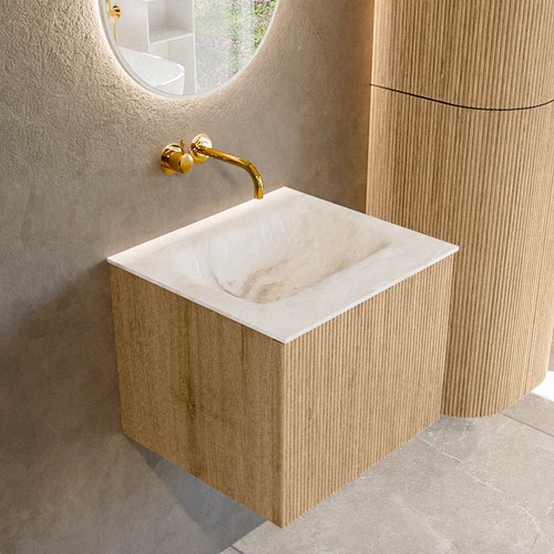 KURVE-DLUX 50cm mobili da bagno colore Oak con 1 cassetto e 0 porte. Lavabo GRUNNE Centro senza foro per il rubinetto, colore Frappe.