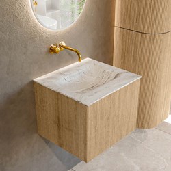 KURVE-DLUX 50cm mobili da bagno colore Oak con 1 cassetto e 0 porte. Lavabo GRUNNE Centro senza foro per il rubinetto, colore Glace.