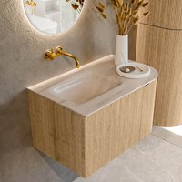 KURVE-DLUX 75cm mobili da bagno curva Destra colore Oak con 1 cassetto e 1 porta. Lavabo GRUNNE Sinistra senza foro per il rubinetto, colore Meli.