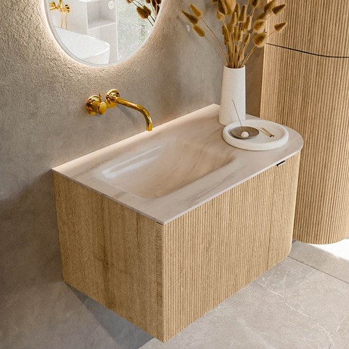 KURVE-DLUX 75cm bathroom vanity set curve Right color Oak with 1 drawer and 1 door. Vanity top GRUNNE Left without tab hole, color Meli.