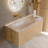 KURVE-DLUX 105cm badmeubel ronding Rechts kleur Oak met 1 lade en 1 deur. Wastafel BIG SMALL Links zonder kraangat Meli.