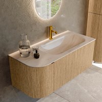 KURVE-DLUX 105cm bathroom vanity set curve Left color Oak with 1 drawer and 1 door. Vanity top BIG SMALL Right 1 tab hole, color Meli.