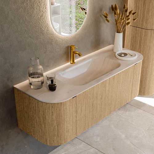 KURVE-DLUX 130cm meubles de salle de bains courbe Gauche + Droite couleur Oak avec 1 tiroir et 2 portes. Lavabo BIG SMALL Centrée 1 trou pour robinetter, couleur Meli.