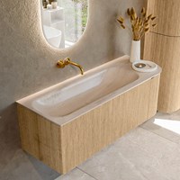 KURVE-DLUX 125cm meubles de salle de bains courbe Droite couleur Oak avec 1 tiroir et 1 porte. Lavabo BIG MEDIUM Gauche sans trou pour robinet, couleur Meli.