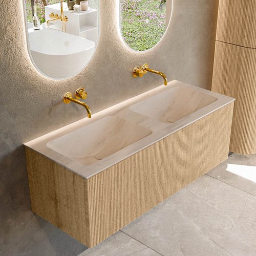 KURVE-DLUX 120cm mobili da bagno colore Oak con 1 cassetto e 0 porte. Lavabo LEAF Doppio senza foro per il rubinetto, colore Meli.