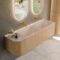 KURVE-DLUX 155cm meubles de salle de bains courbe Gauche couleur Oak avec 2 tiroirs et 1 porte. Lavabo LEAF Double / Droite sans trou pour robinet, couleur Meli.