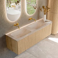 KURVE-DLUX 155cm mobili da bagno curva Destra colore Oak con 2 cassetti e 1 porta. Lavabo LEAF Doppio / Sinistra senza foro per il rubinetto, colore Meli.