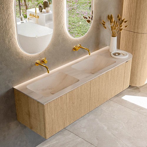 KURVE-DLUX 155cm mobili da bagno curva Destra colore Oak con 2 cassetti e 1 porta. Lavabo LEAF Doppio / Sinistra senza foro per il rubinetto, colore Meli.