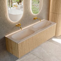 KURVE-DLUX 150cm meubles de salle de bains couleur Oak avec 2 tiroirs et 0 portes. Lavabo STOR SMALL Double sans trou pour robinet, couleur Meli.