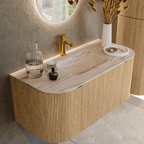 KURVE-DLUX 100cm meubles de salle de bains courbe Gauche + Droite couleur Oak avec 1 tiroir et 2 portes. Lavabo GRUNNE Centrée 1 trou pour robinetter, couleur Nata.