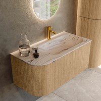 KURVE-DLUX 95cm meubles de salle de bains courbe Gauche couleur Oak avec 1 tiroir et 1 porte. Lavabo BIG SMALL Droite 1 trou pour robinetter, couleur Nata.