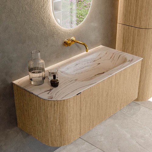 KURVE-DLUX 105cm mueble de baño curva Izquierda color Oak con 1 cajón y 1 puerta. Lavabo BIG SMALL Derecho sin orificio Nata.
