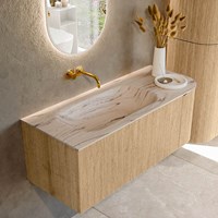 KURVE-DLUX 115cm badmeubel ronding Rechts kleur Oak met 1 lade en 1 deur. Wastafel BIG SMALL Links zonder kraangat Nata.