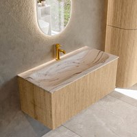 KURVE-DLUX 100cm mueble de baño color Oak con 1 cajón y sin puerta. Lavabo BIG MEDIUM Centro 1 orificio Nata.