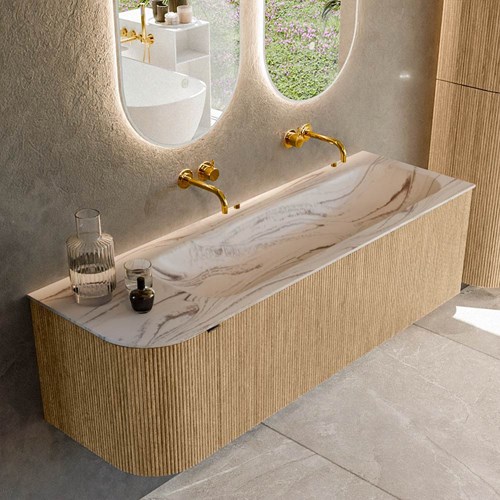 KURVE-DLUX 145cm meubles de salle de bains courbe Gauche couleur Oak avec 1 tiroir et 1 porte. Lavabo BIG LARGE Droite sans trou pour robinet, couleur Nata.