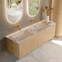 KURVE-DLUX 155cm bathroom vanity set curve Right color Oak with 2 drawers and 1 door. Vanity top LEAF Double / Left without tab hole, color Nata.