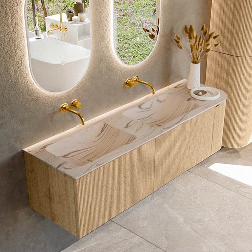 KURVE-DLUX 155cm badmeubel ronding Rechts kleur Oak met 2 lades en 1 deur. Wastafel LEAF Dubbel / Links zonder kraangat Nata.